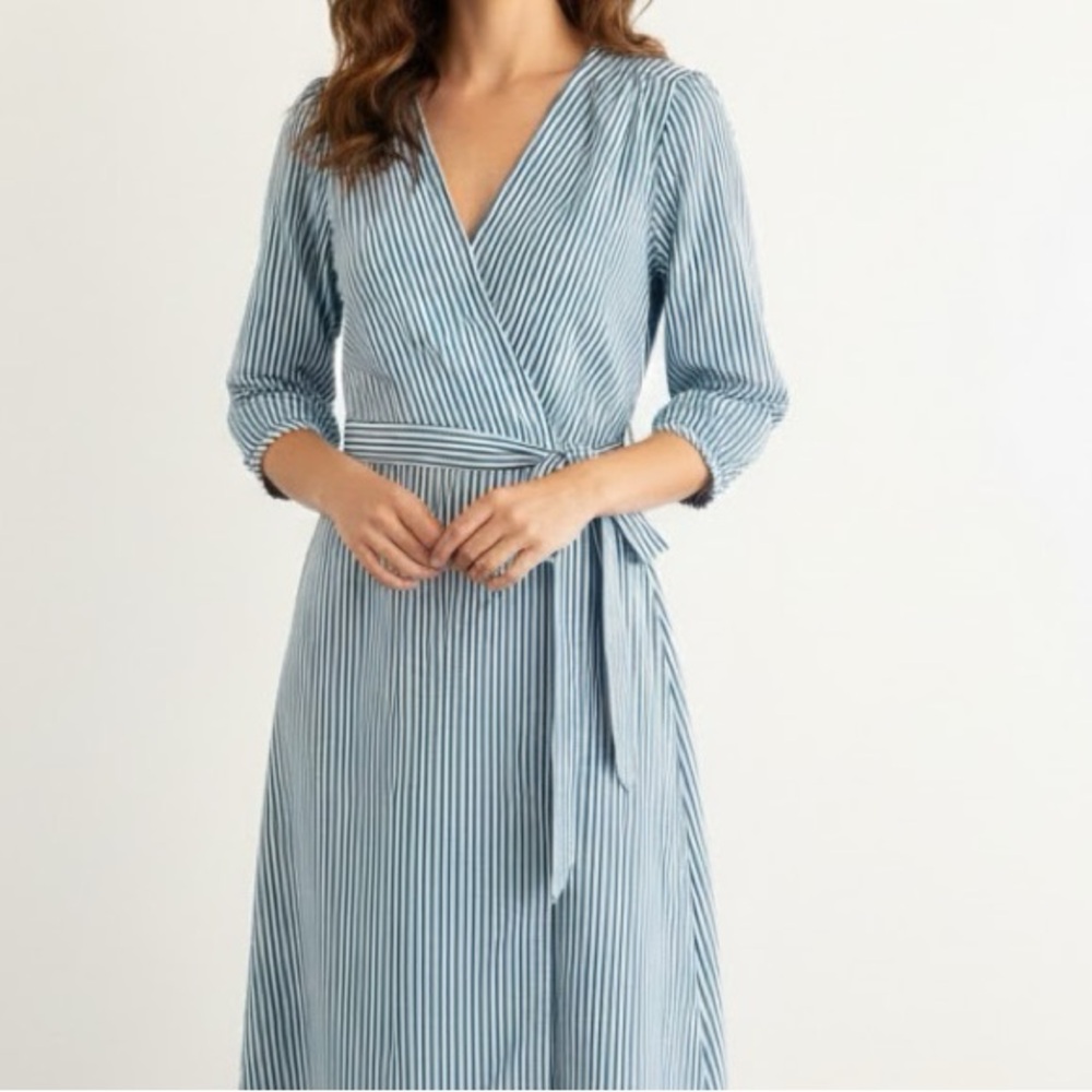 J. Crew Blue Striped Cotton Poplin Long Sleeve Wrap Dress 6
